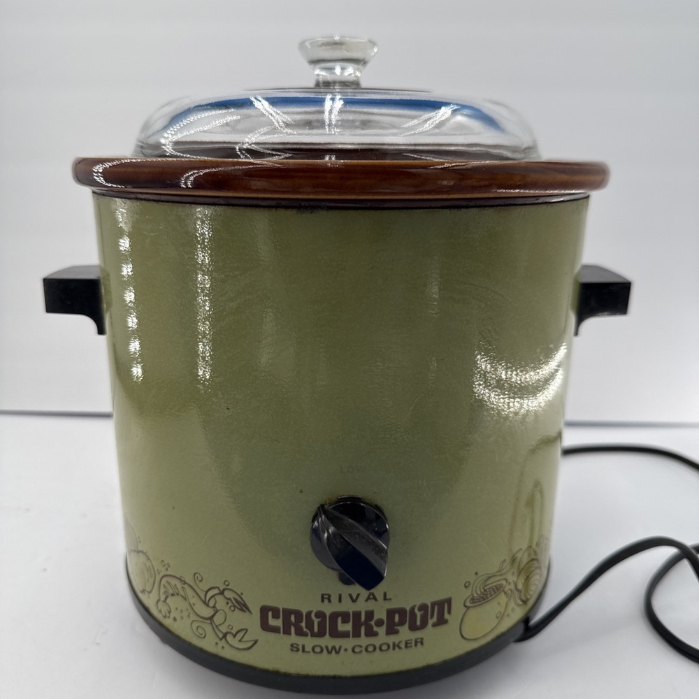 Vintage 70s RIVAL 3100/2 Green Ceramic 3.5 QT Crock Pot Slow Cooker Glass Lid